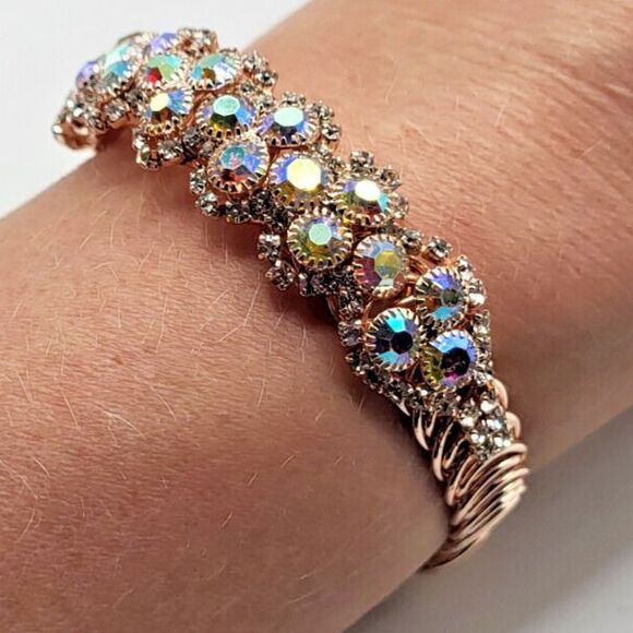 Monet Fexible Rhinestone Gold AB Crystal Bracelet 2in to 3.25in diameter - Picture 3 of 7